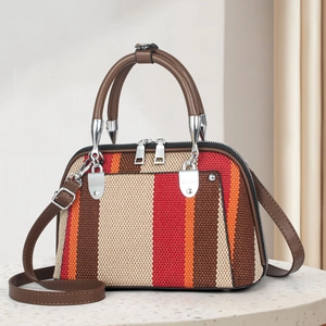 Women Woven Stripe Handbag Retro Color Block PU Leather Shoulder Crossbody Bag With Adjustable Strap Fashion Travel Tote