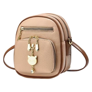 Minimalist apricot pebbled leather multi-pocket crossbody bag with gold cat pendant