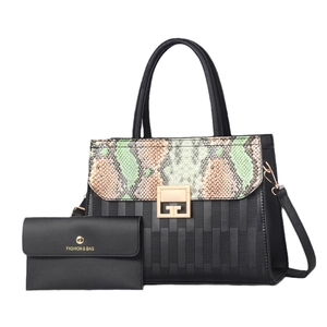 Black textured tote bag with snakeskin pattern flap and matching fashion wallet set