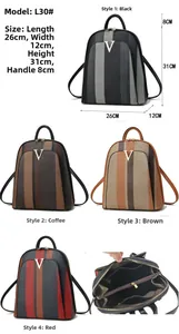 Detailed view of striped travel backpack interior storage and four color options