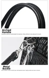 Detail of snake skin texture PU leather handle and polished silver metal hardware buckles