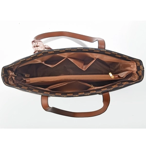 Interior view of checkered tote bag showing spacious compartments and center zip pocket