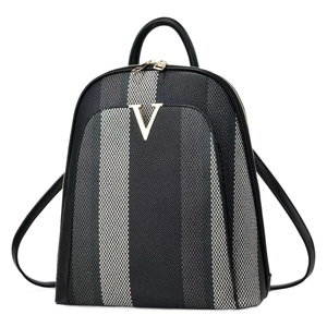 Fashionable striped travel backpack with gold V logo and textured fabric design