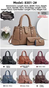 Three-piece women bag set showing large tote and pouches in multiple color variants