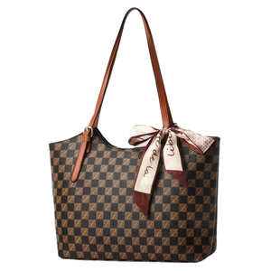 Classic checkered tote bag with brown leather straps and decorative scarf on white background