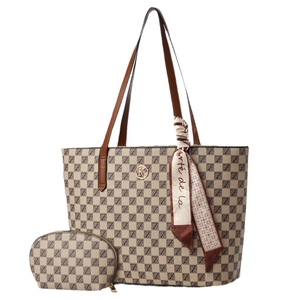 Checkerboard monogram tote bag set with brown leather handles and decorative silk scarf
