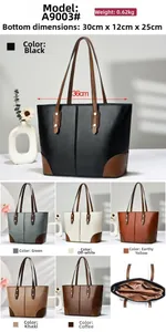 Multiple colors of large capacity leather tote bags with zipper lining and size details