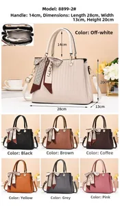 Detailed view of striped crossbody bag including 28x13x20cm dimensions and seven color options