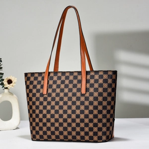 Grand sac cabas vintage à motif damier floral avec anses marron pour le quotidien