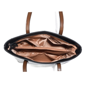Large black tote bag with multi-compartment interior and spacious top zipper closure