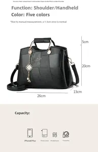 Detailed interior storage guide of black textured geometric handbag with dimensions