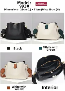 Sac seau motif litchi montrant options de couleurs, rangement intérieur et dimensions 23cm