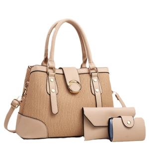 Set di 3 borse a mano beige a righe con pochette e piccolo borsellino coordinati
