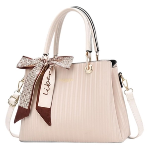 Elegant off-white pleated tote bag with silk scarf handle and golden hardware