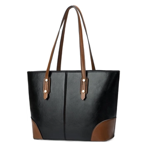 Classic large capacity black and brown faux leather tote bag for women with dual top handles