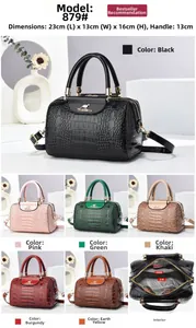 Detail view of crocodile pattern handbag showing dimensions 23x13x16cm and various colors
