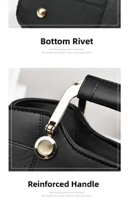 Close-up of golden protective bottom rivets and handle hardware on a black leather handbag
