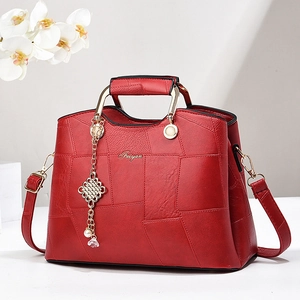 Women Fashion PU Leather Handbag Stone Pattern Geometric Patchwork Metal Handle Shoulder Crossbody Bag Tassel Charm