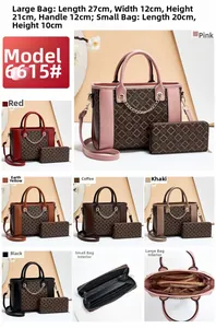 Detailed view of printed tote bag and matching wallet with 27x12x21cm size dimensions
