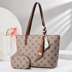 Checkerboard pattern tote bag set in beige with matching small pouch and silk scarf