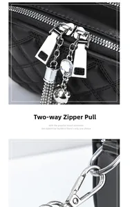 Detail of black quilted bag featuring dual zippers with diamond tassel and metal hooks