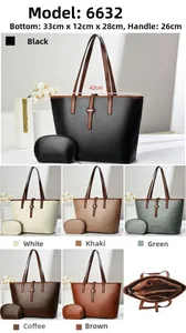 Detailed size chart of large leather tote bag with interior compartments and color options