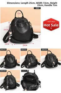 Detailansicht des schwarzen PU-Lederrucksacks mit Maßen 25x13x25cm und mehreren Taschen