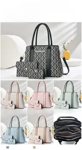 Three-piece women's tote set showing large bag with small pouches in various colors