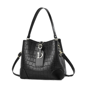 Elegant black crocodile pattern bucket bag with golden D-pendant and shoulder strap