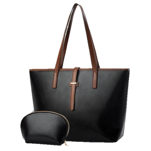 Two-piece black PU leather tote bag set with brown handles and a matching pouch