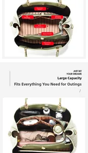 Detailansicht der Innenfächer und des Stauraums dieser eleganten Damen-Handtasche