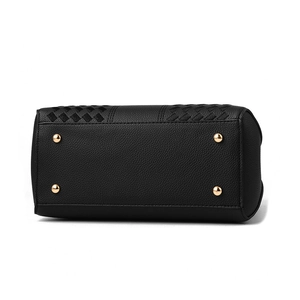 Bottom view of black litchi grain leather Boston bag with protective gold metal studs