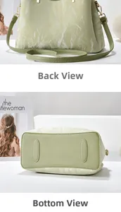 Detailansichten der Rückseite und des flachen Bodens der hellgrünen Handtasche mit goldener Hardware