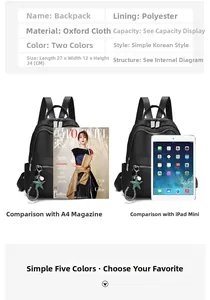Detalle de mochila de Oxford con medidas 27x12x34cm y comparativa con A4 e iPad Mini
