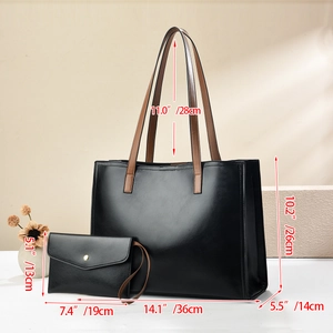 Detailed size guide of black large tote bag and matching pouch with dimensions shown