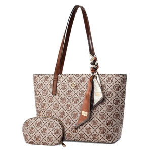 Ensemble sac cabas beige à motifs avec bandoulière et foulard décoratif en soie