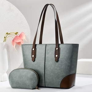 Borsa tote retrò grigio-azzurra con tracolle marroni e pochette coordinata