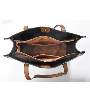 Large black PU leather tote bag with brown interior and multiple storage compartments