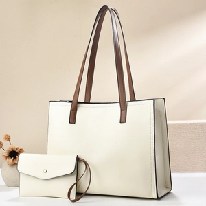 Minimalist beige PU leather tote bag with small matching pouch and brown straps