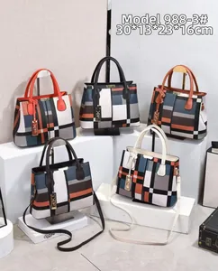 Collection de sacs à main à rayures contrastées en cuir PU avec doubles poignées et bandoulière