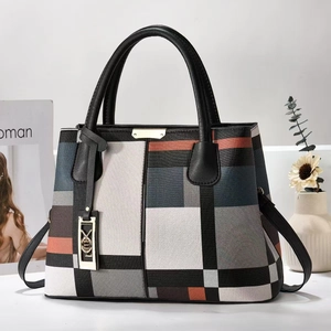 Sac à Main Tendance pour Femmes Patchwork Géométrique Plaid en Cuir PU Couleur Contrastée Grand Sac Cabas avec Bandoulière