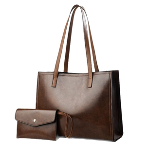 Brown PU leather tote bag set with matching small pouch and retro textured finish