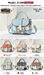 Detailed view of printed handbag showing 19x8x14cm dimensions and multiple color options