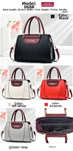 Detail view of large capacity PU leather handbag with internal compartments and dimensions