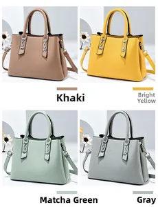 Collage showing four colors of the PU leather handbag in khaki, yellow, green, and grey
