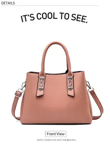 Front view of a nude pink faux leather handbag with silver chain and top handles