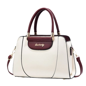 Classic white and burgundy faux leather tote bag with top handle and gold hardware