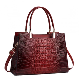 Classic dark red crocodile embossed tote bag with gold hardware and shoulder strap