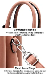Detail of pink PU leather handbag showing reinforced stitching and gold-toned metal buckles