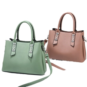 Elegant PU leather handbags in light green and dusty pink with silver metal chain decor